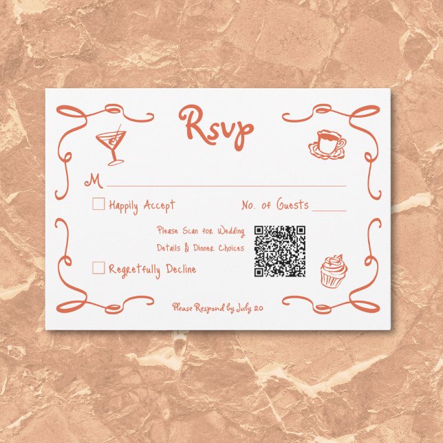Cartons Réponse Mariage orangé de Sunset Retro Whimsical (Whimsical Retro Hand Drawn Sunset Orange Wedding RSVP Card)