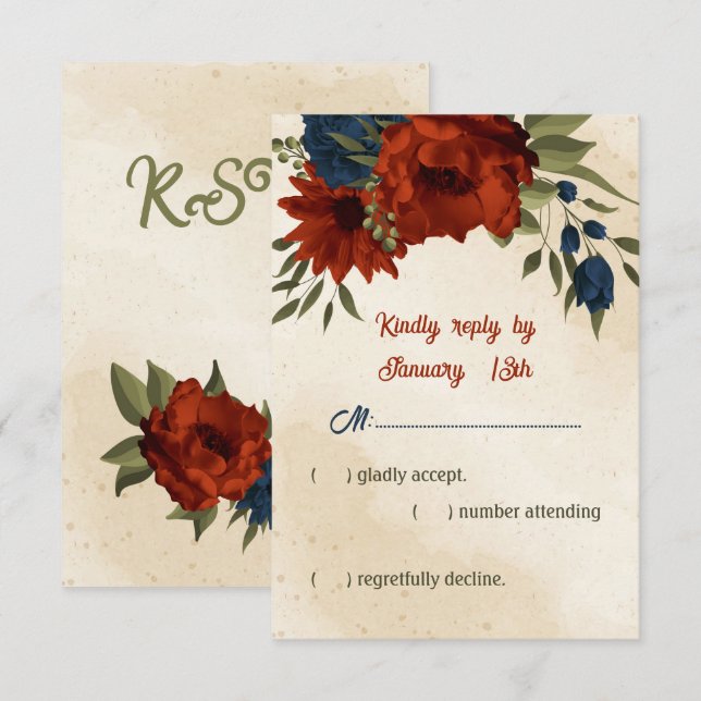 Cartons Réponse mariage orangé et bleu marine brûlé (Devant / Derrière)