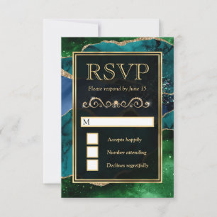 Cartons Réponse Mariage Pailleté Agate Bleu Vert et Or