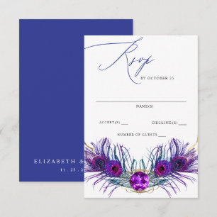 Cartons Réponse Mariage Pailleté Or Bleu Violet Plume de Paon