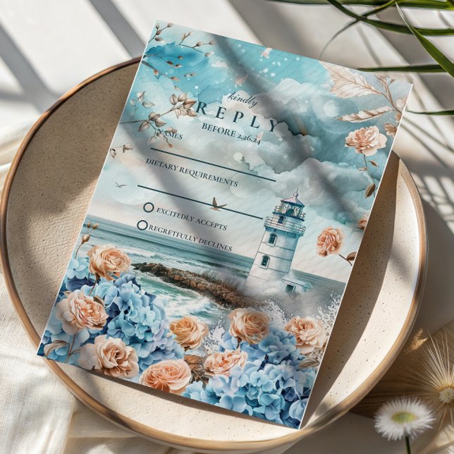 Cartons Réponse Mariage Pastel de Phare Côté Océan (Créateur téléchargé)