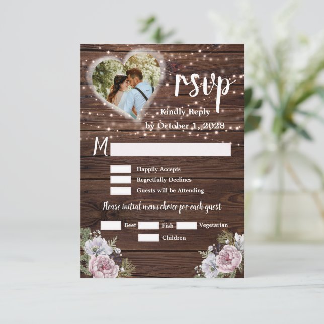 Cartons Réponse Mariage photo floral Rustic String (Debout devant)