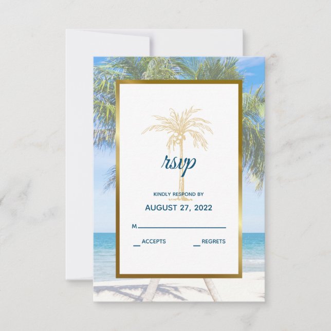 Cartons Réponse Mariage photo Tropical Gold Palm Tree Beach (Devant)