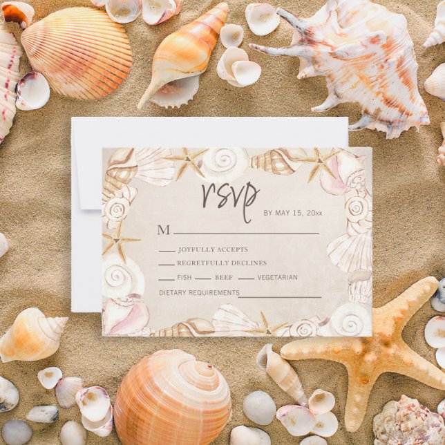 Cartons Réponse Mariage Plage Coquillages Sable  (Beach/sea shell wedding RSVP card)