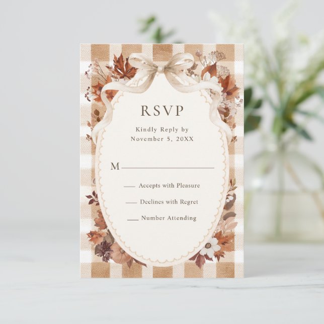 Cartons Réponse Mariage plaid rustique aux feuilles d'automne (Debout devant)