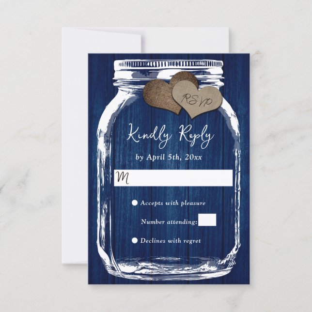 Cartons Réponse Mariage Pot Mason en Bois Bleu Marine (Devant)