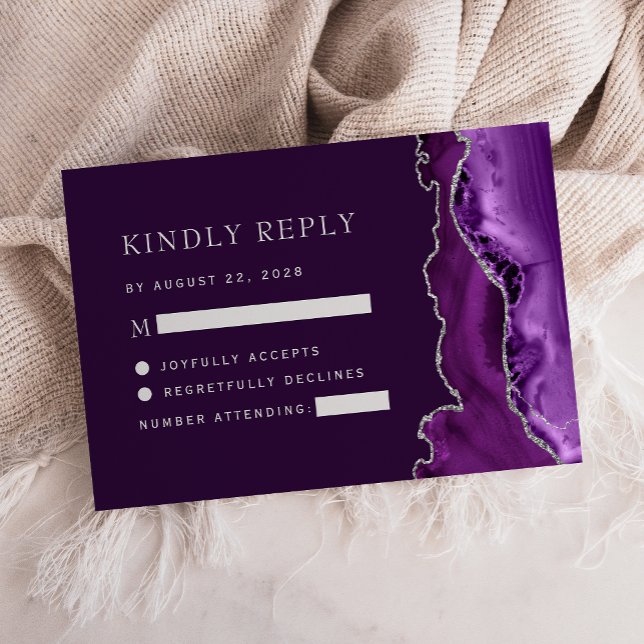 Cartons Réponse Mariage prune Agate argenté violet (Créateur téléchargé)
