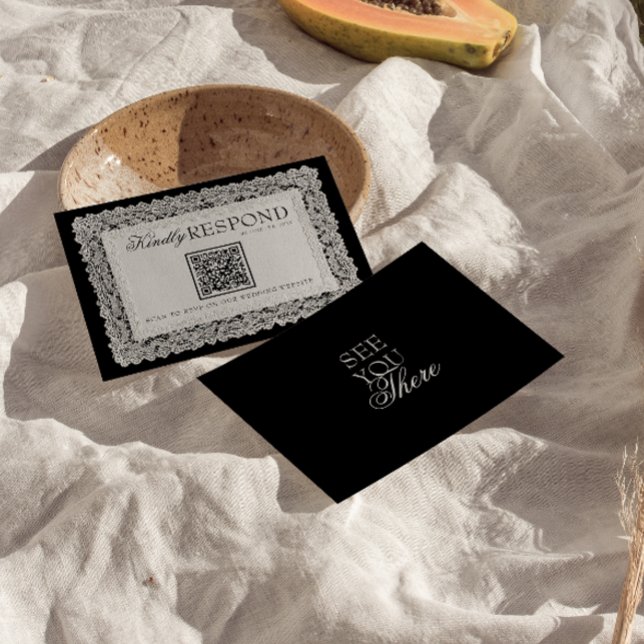 Cartons Réponse Mariage QR Code Argent ancien Broderie Noir et Bla (Créateur téléchargé)