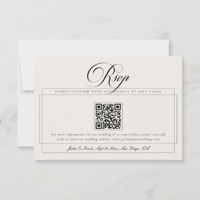 Cartons Réponse Mariage QR Code Calligraphie Ivoire Noir Classique (Devant)