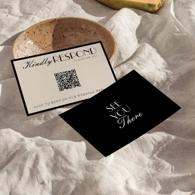 Cartons Réponse Mariage QR Code Classe Élégant Crème Noir Argent A (Créateur téléchargé)