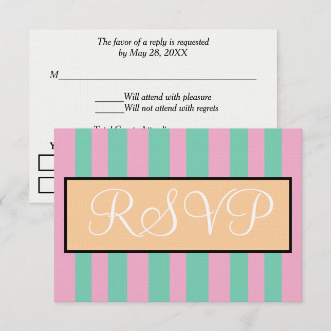 Cartons Réponse Mariage Rayures de cabane rose vert Seafoam  (Devant / Derrière)