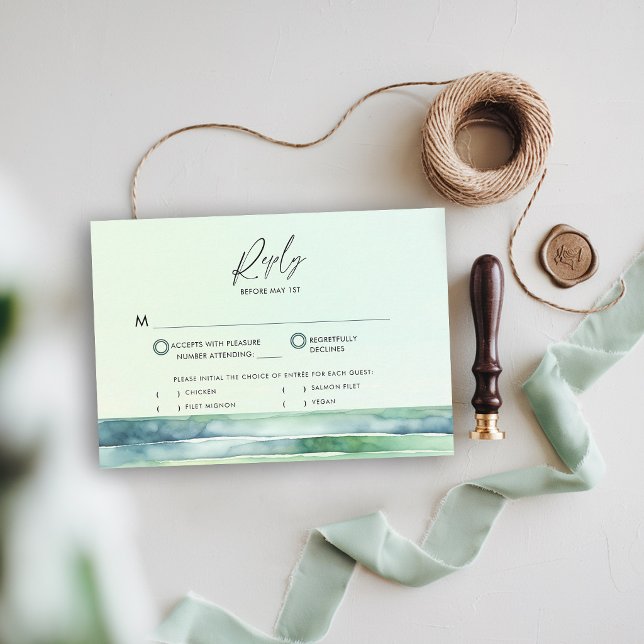 Cartons Réponse Mariage Rayures Piscine de Marée Verte Plage Côtiè (coastal wedding invitation suite green theme tide pool sea sage modern elegant classy chic)