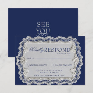 Cartons Réponse Mariage rétro élégant en dentelle bleu marine vint