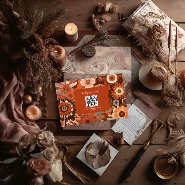 Cartons Réponse Mariage rétro funky orange floral (Créateur téléchargé)