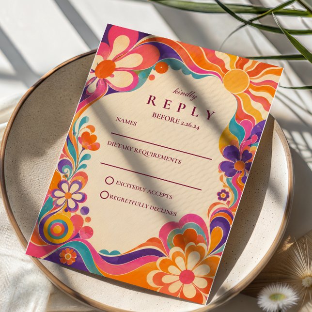 Cartons Réponse Mariage Rétro Groovy des Années 60 (Créateur téléchargé)