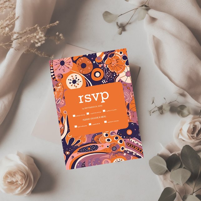 Cartons Réponse Mariage rétro orange rose fuchsia violet groovy (Créateur téléchargé)