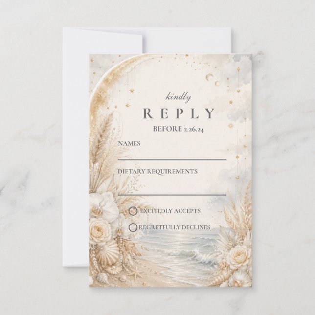Cartons Réponse Mariage romantique céleste sur la plage (Devant)