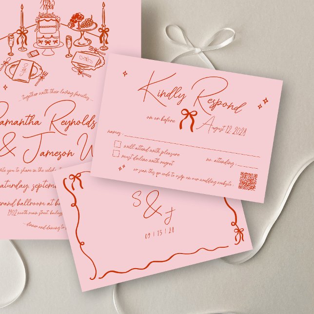 Cartons Réponse Mariage rose et rouge à griffes à main rétro (Minimalist retro pink and red hand drawn bow scribble doodle qr code wedding invitation rsvp card)