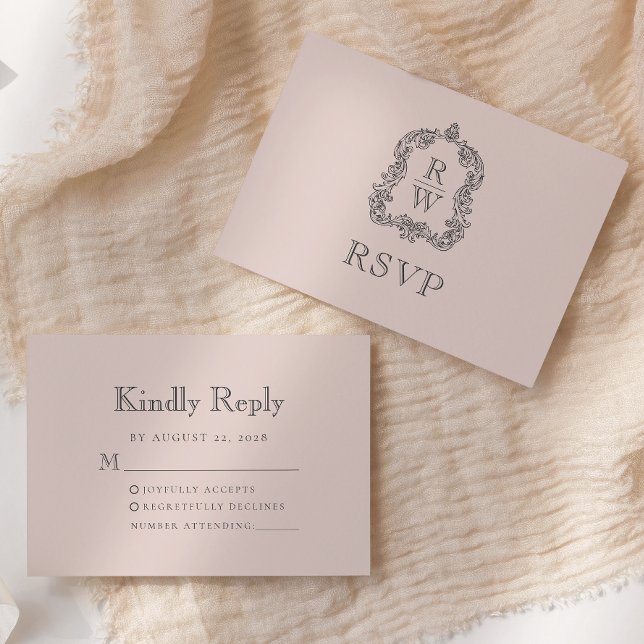 Cartons Réponse Mariage Rose Pâle Blason Monogramme (Créateur téléchargé)