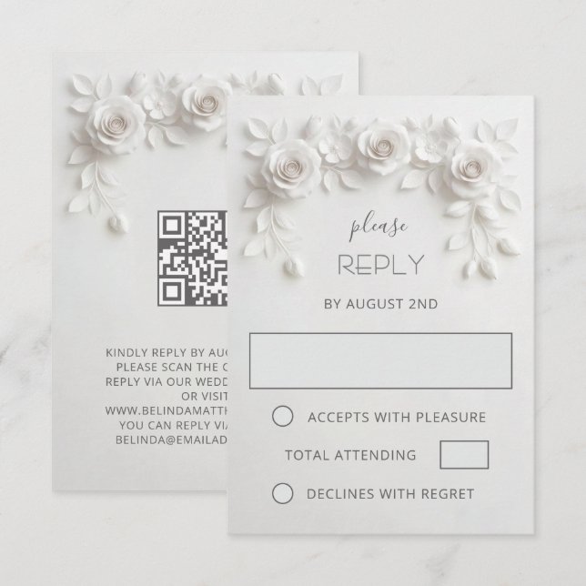 Cartons Réponse Mariage Roses Blanches en Papier Découpé Faux (Devant / Derrière)