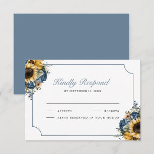 Cartons Réponse Mariage Roses Fleurs de Tournesol Bleu Poussiéreux