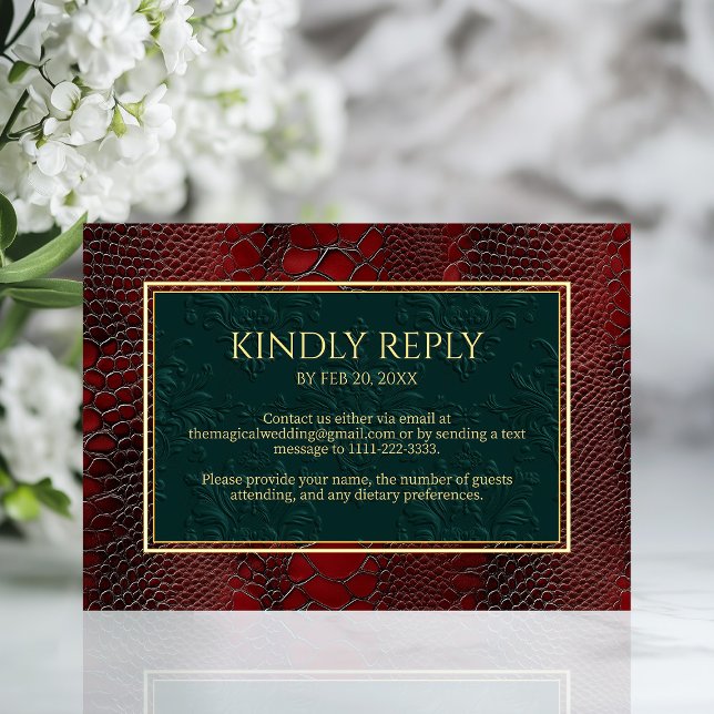 Cartons Réponse Mariage rouge victorien en cuir Snakeskin (Snakeskin Leather Victorian Red Wedding RSVP Card)
