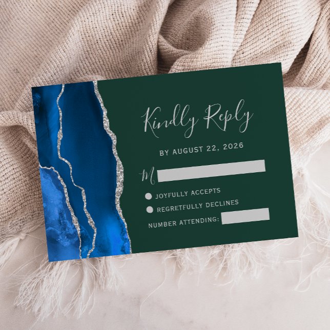 Cartons Réponse Mariage Royal Bleu Argent Agate Émeraude Vert (Créateur téléchargé)