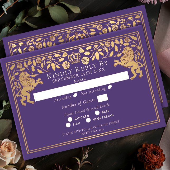 Cartons Réponse Mariage Royal Lion Médiéval Violet (Créateur téléchargé)