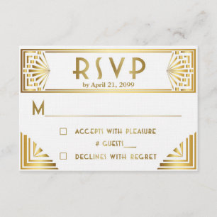 Cartons Réponse Mariage RSVP, Grand Gatsby, or sur blanc