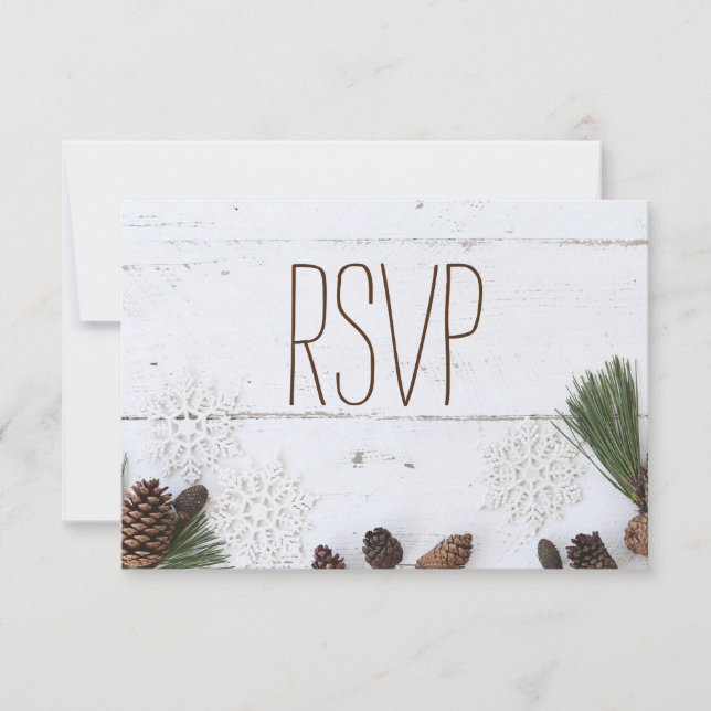 Cartons Réponse Mariage RSVP-Winter Pinecone et Snowflakes (Devant)