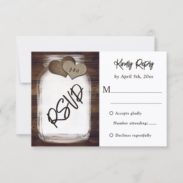 Cartons Réponse Mariage rustique avec pot Mason en bois et toile d (Devant)