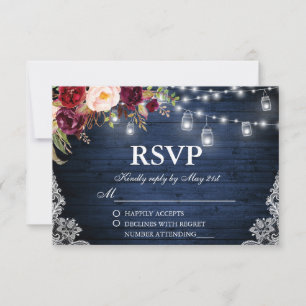 Cartons Réponse Mariage rustique Bleu Bois Lumières Jarres Floral 