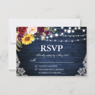 Cartons Réponse Mariage Rustique Bleu Chaîne Lumières Dentelle Flo