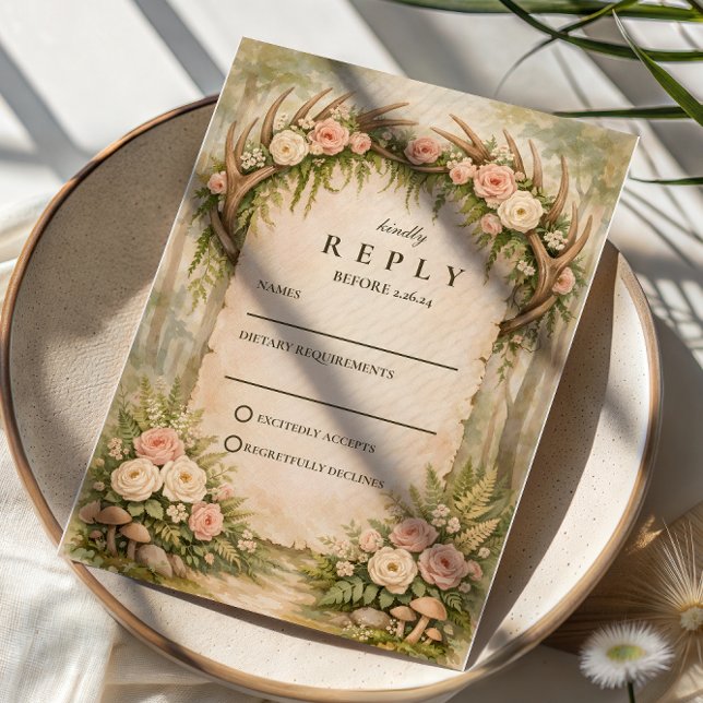 Cartons Réponse Mariage rustique botanique bois de cerf (Créateur téléchargé)