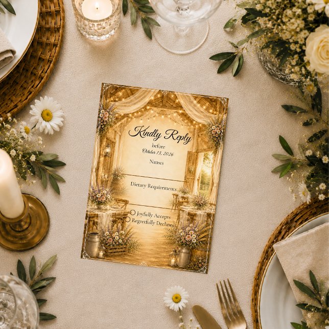 Cartons Réponse Mariage rustique dans une grange intérieure (Créateur téléchargé)