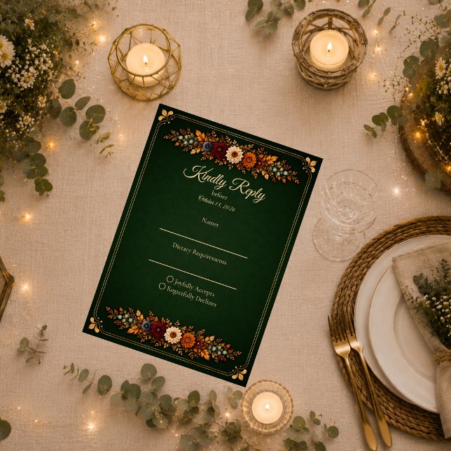 Cartons Réponse Mariage rustique d'automne en vert forêt (Créateur téléchargé)