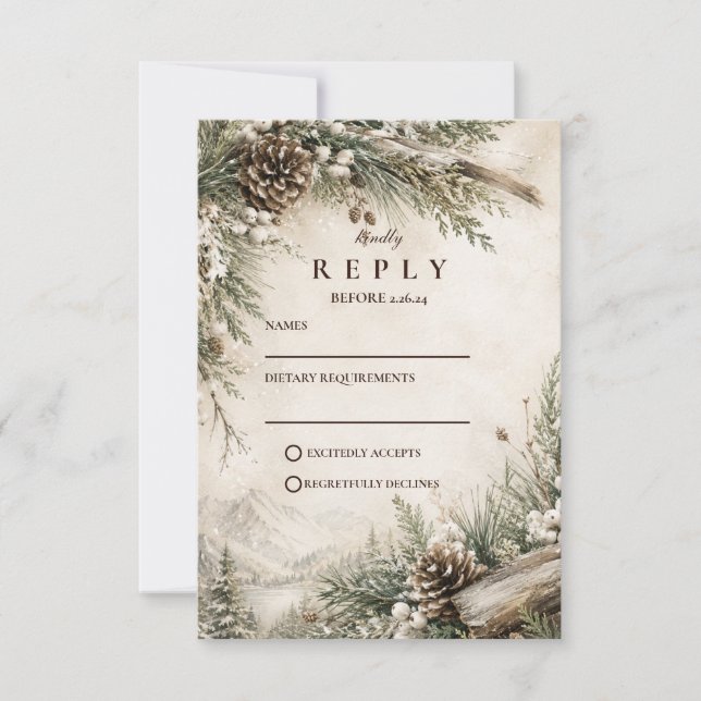 Cartons Réponse Mariage Rustique d'Hiver (Devant)