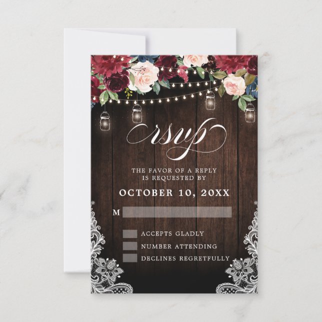 Cartons Réponse Mariage Rustique en Bois dans un Pot Mason Floral  (Devant)