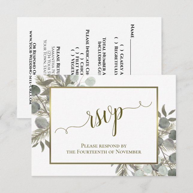 Cartons Réponse Mariage Rustique Eucalyptus & Pin Sage Vert & Or (Devant / Derrière)