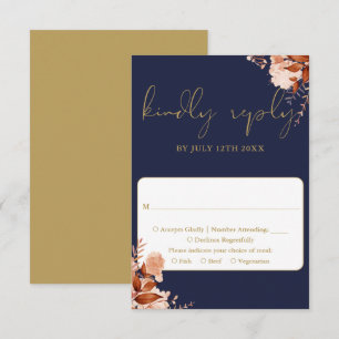 Cartons Réponse Mariage Rustique Floral Bleu Marine Et Or
