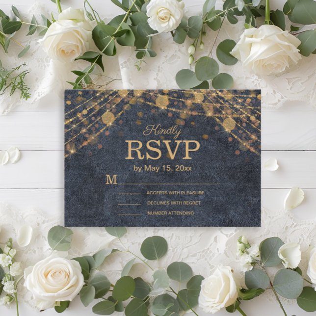 Cartons Réponse Mariage Rustique Glam Bleu Nuit et Or (Rustic glam navy blue gold string lights wedding RSVP card)