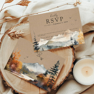 Cartons Réponse Mariage Rustique Kraft Montagne Arbre Automne Aqua