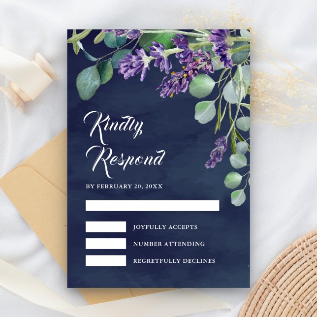 Cartons Réponse Mariage Rustique Lavande et Eucalyptus Bleu Nuit (Créateur téléchargé)