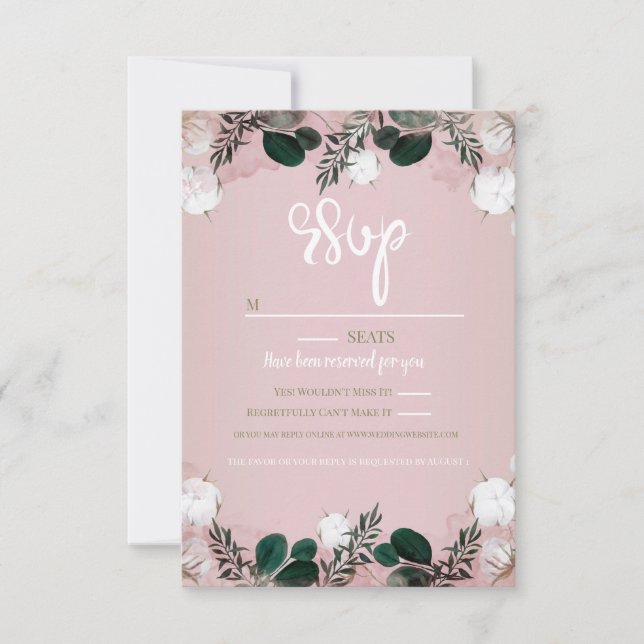 Cartons Réponse Mariage rustique taupe coton floral verdure Blush (Devant)