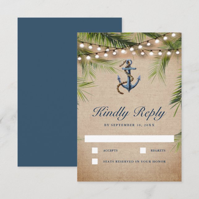 Cartons Réponse Mariage Rustique Toile de Jute Feuilles de Palmier (Devant / Derrière)
