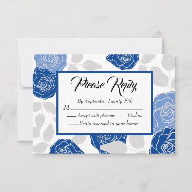 Cartons Réponse Mariage Simple Chic Rose Élégante Florale Bleue (Devant)