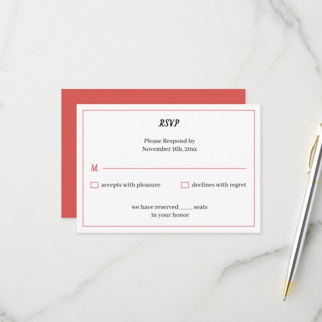 Cartons Réponse Mariage simple Customisé rouge (Devant/Arrière en situation)