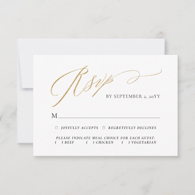 Cartons Réponse Mariage Simple Élégant Script Choix de Repas Or (Devant)