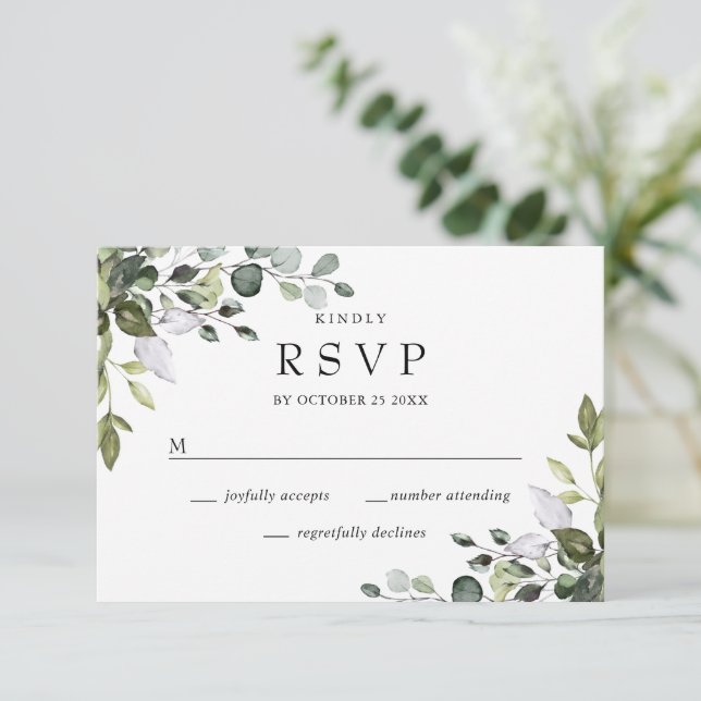 Cartons Réponse Mariage simple et élégant avec verdure d'eucalyptu (Debout devant)