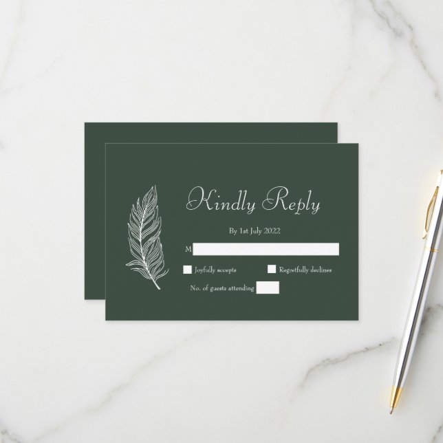 Cartons Réponse Mariage simple vert foncé et blanc ROE (Devant/Arrière en situation)